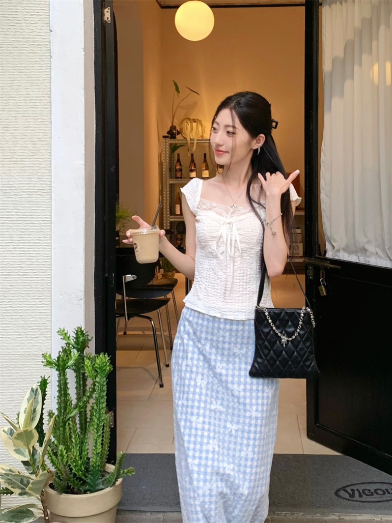 Blue Plaid Lace Slimming Skirt and Butterfly V-Neck Short Sleeve Top Two-Piece Set