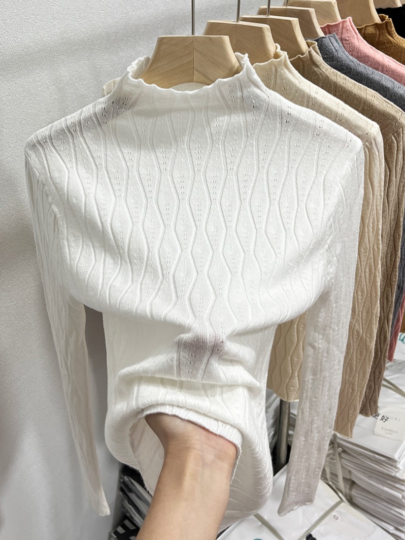 Women's White Mock Neck Openwork Knit Sweater 2026 Fall Slim Fit Short Pullover Top - Image 2