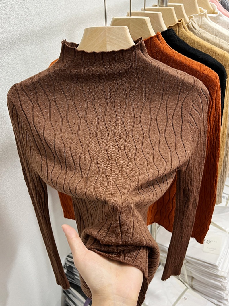 Women's White Mock Neck Openwork Knit Sweater 2026 Fall Slim Fit Short Pullover Top - Image 3