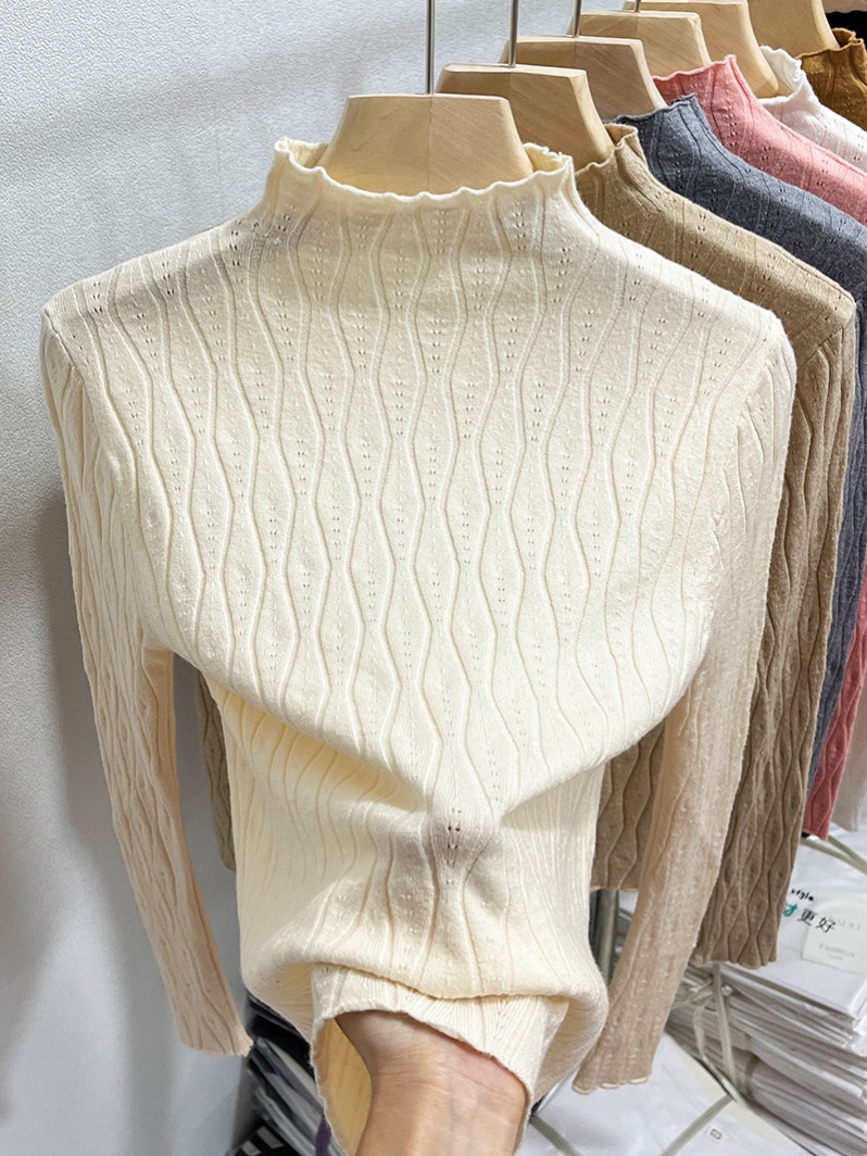 Women's White Mock Neck Openwork Knit Sweater 2026 Fall Slim Fit Short Pullover Top