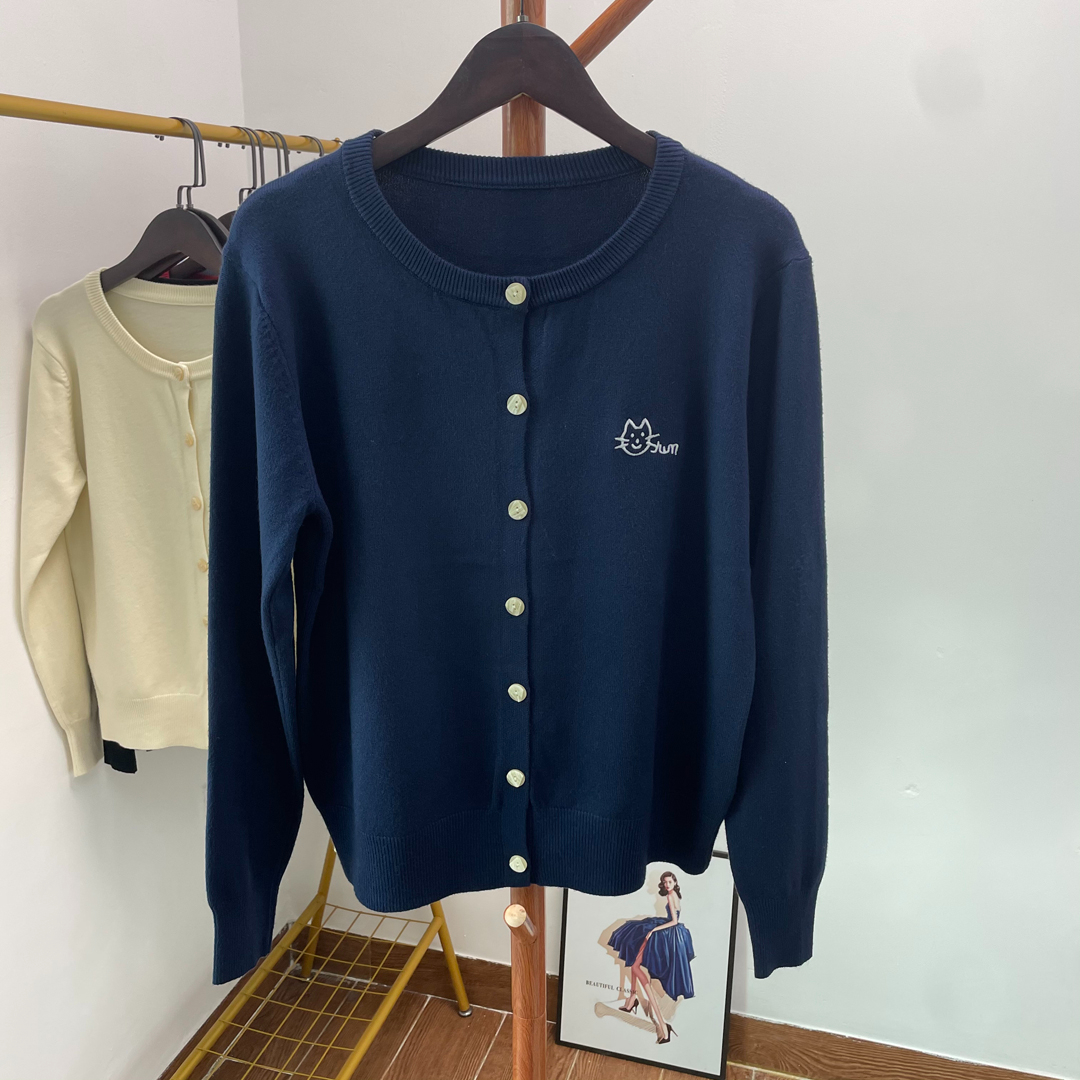 Sweet Cat Embroidered Knit Cardigan Women Spring Autumn Light Loose Round Neck Long Sleeve Sweater Coat