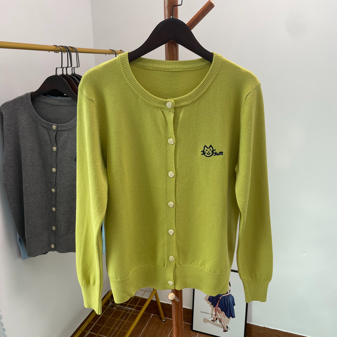 Sweet Cat Embroidered Knit Cardigan Women Spring Autumn Light Loose Round Neck Long Sleeve Sweater Coat - Image 2