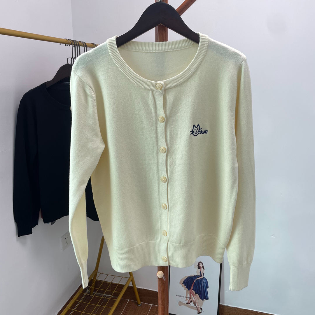 Sweet Cat Embroidered Knit Cardigan Women Spring Autumn Light Loose Round Neck Long Sleeve Sweater Coat - Image 3
