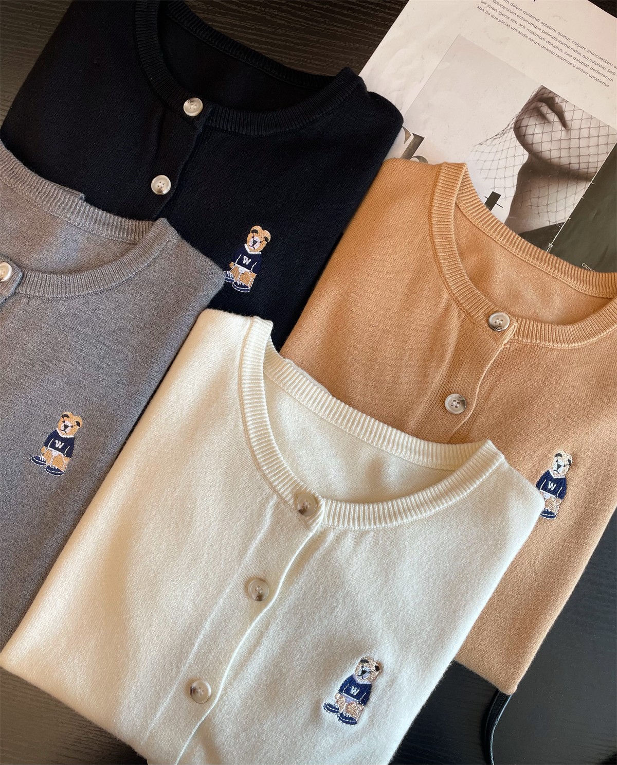 RENA Preppy Slim Fit Round Neck Bear Embroidered Cardigan Knit Top - Image 4