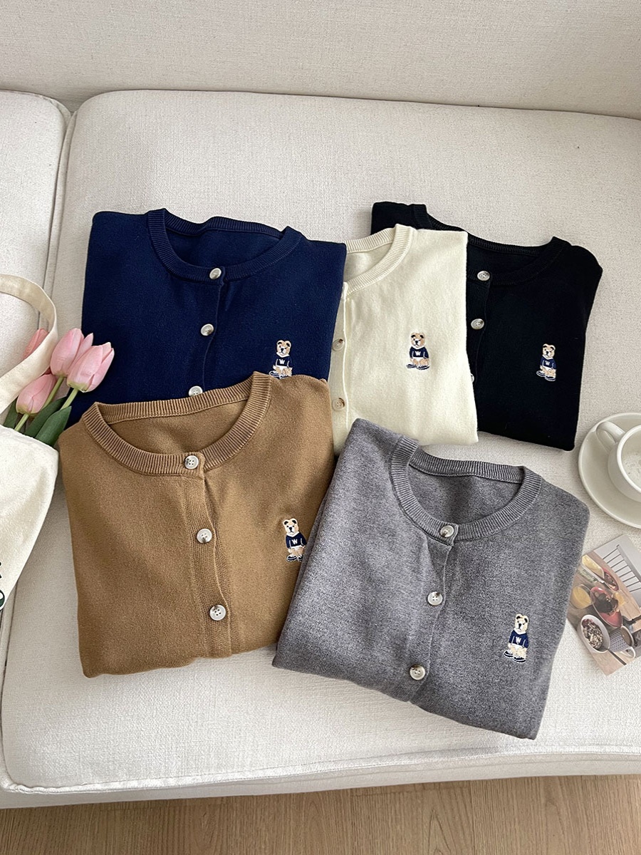 RENA Preppy Slim Fit Round Neck Bear Embroidered Cardigan Knit Top