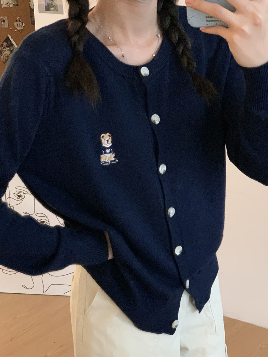 RENA Preppy Slim Fit Round Neck Bear Embroidered Cardigan Knit Top - Image 3