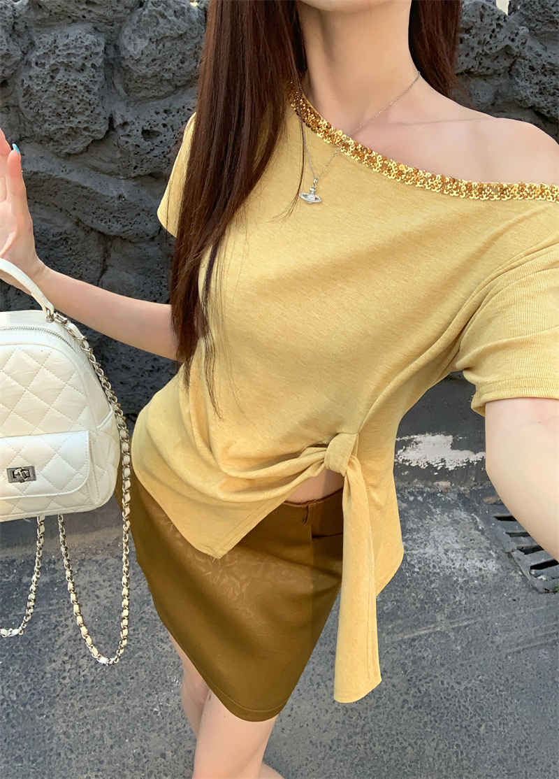 Women's Summer Sequin Irregular Lace-Up Short Sleeve T-Shirt and Skirt Two-Piece Set - Image 2