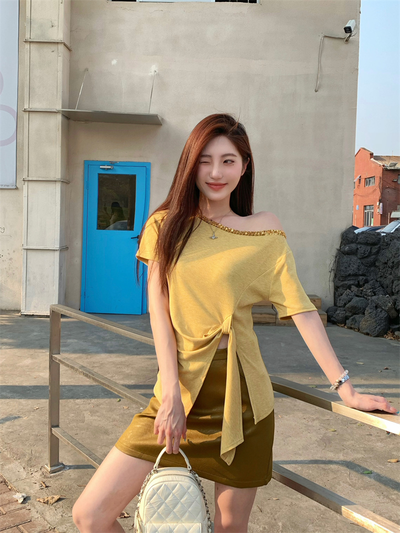 Women's Summer Sequin Irregular Lace-Up Short Sleeve T-Shirt and Skirt Two-Piece Set