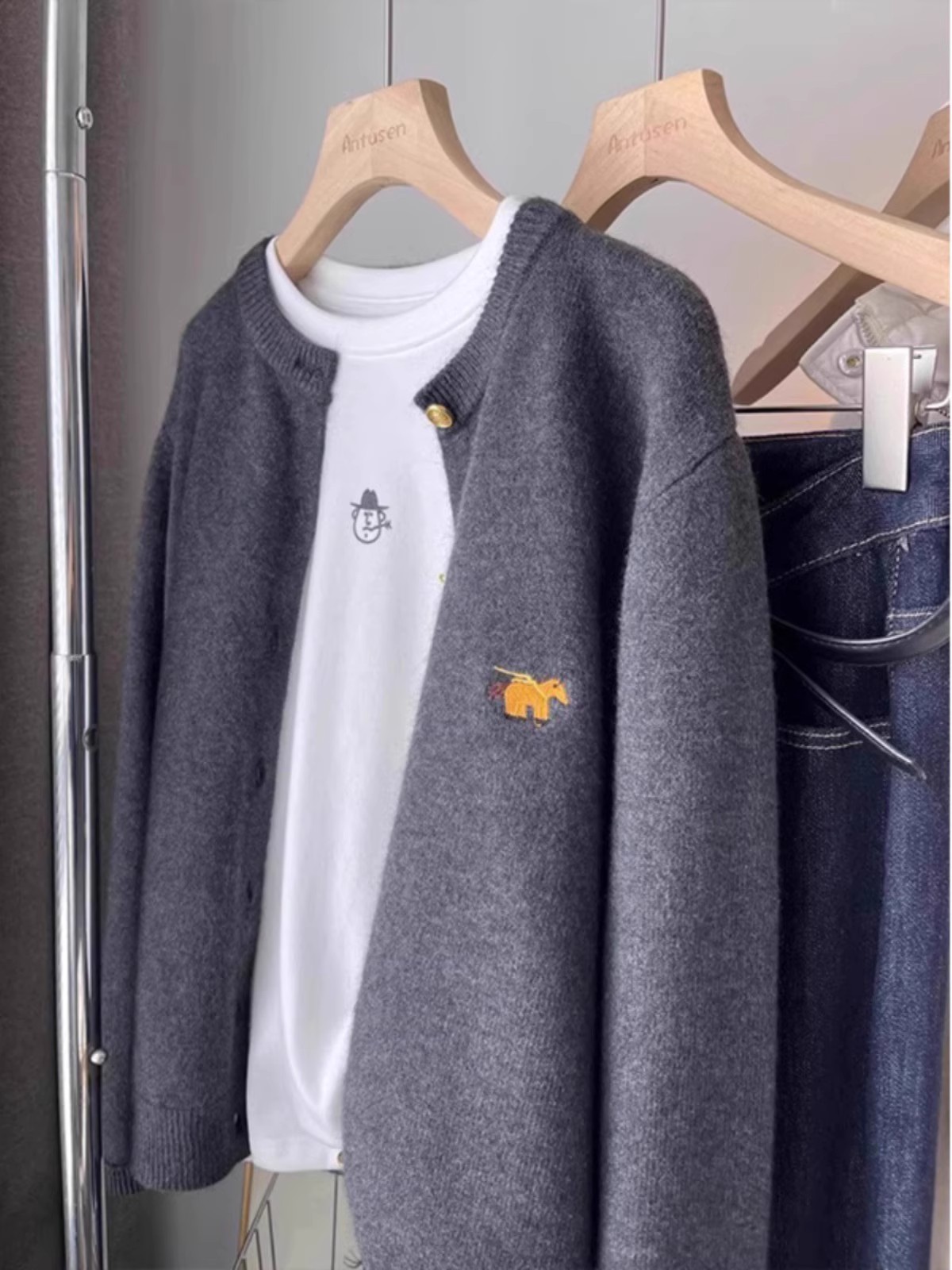 Women's Lazy Style Round Neck Pony Embroidery Wool Knit Cardigan Korean Fall Winter Loose Fit Top - Image 2