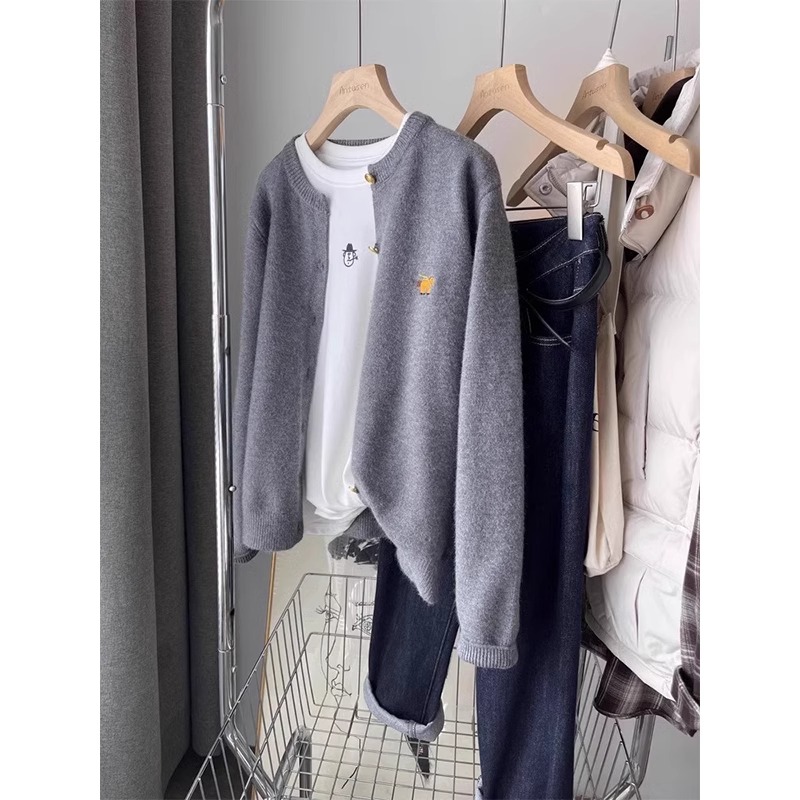 Women's Lazy Style Round Neck Pony Embroidery Wool Knit Cardigan Korean Fall Winter Loose Fit Top - Image 5