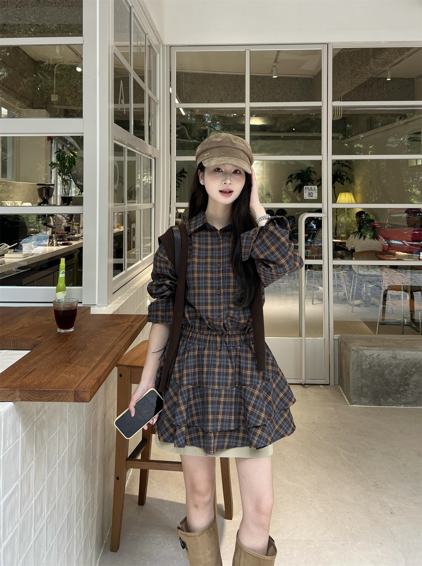 Plaid Shirt Collar A-Line Mini Dress with Waist Cinch