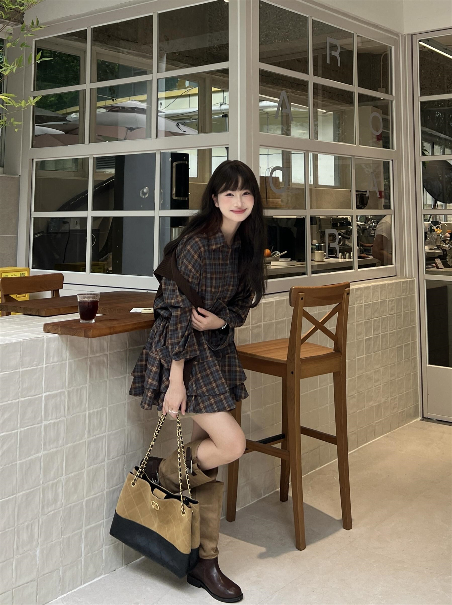 Plaid Shirt Collar A-Line Mini Dress with Waist Cinch - Image 4