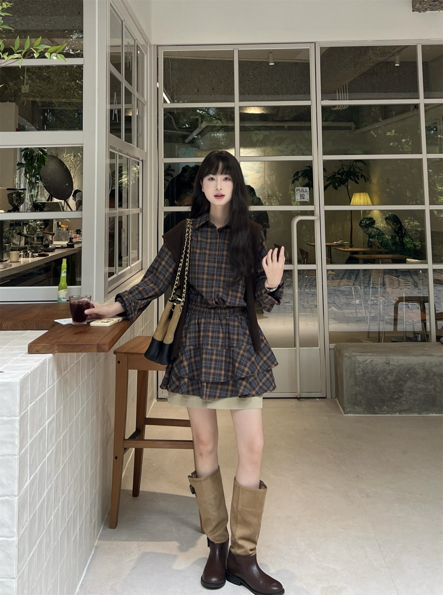 Plaid Shirt Collar A-Line Mini Dress with Waist Cinch - Image 3