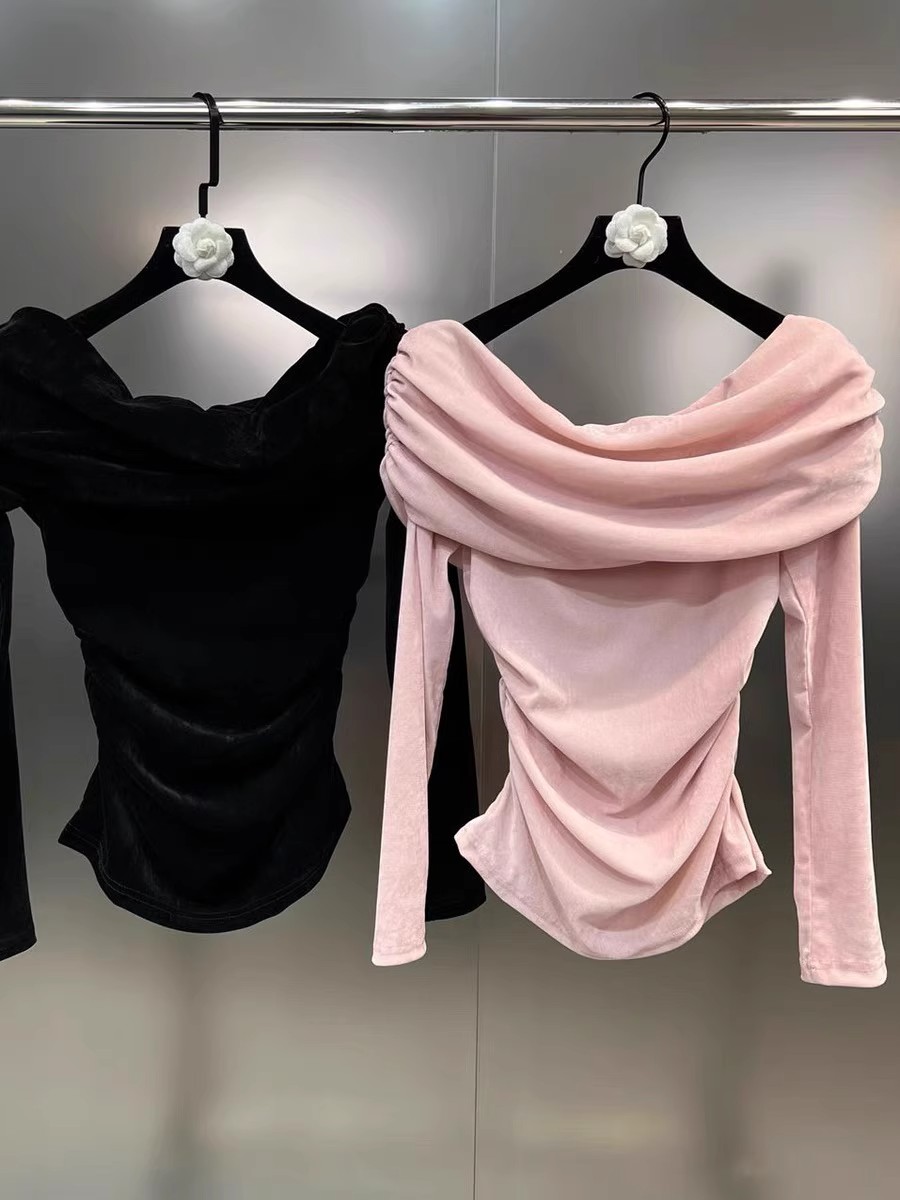 Women's Off-Shoulder Velvet Knit Top Slim Fit Long Sleeve - Image 4