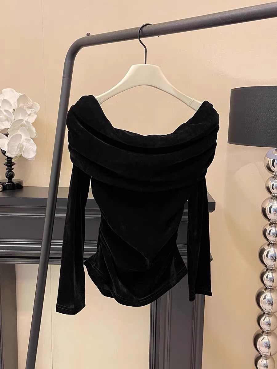 Women's Off-Shoulder Velvet Knit Top Slim Fit Long Sleeve - Image 3