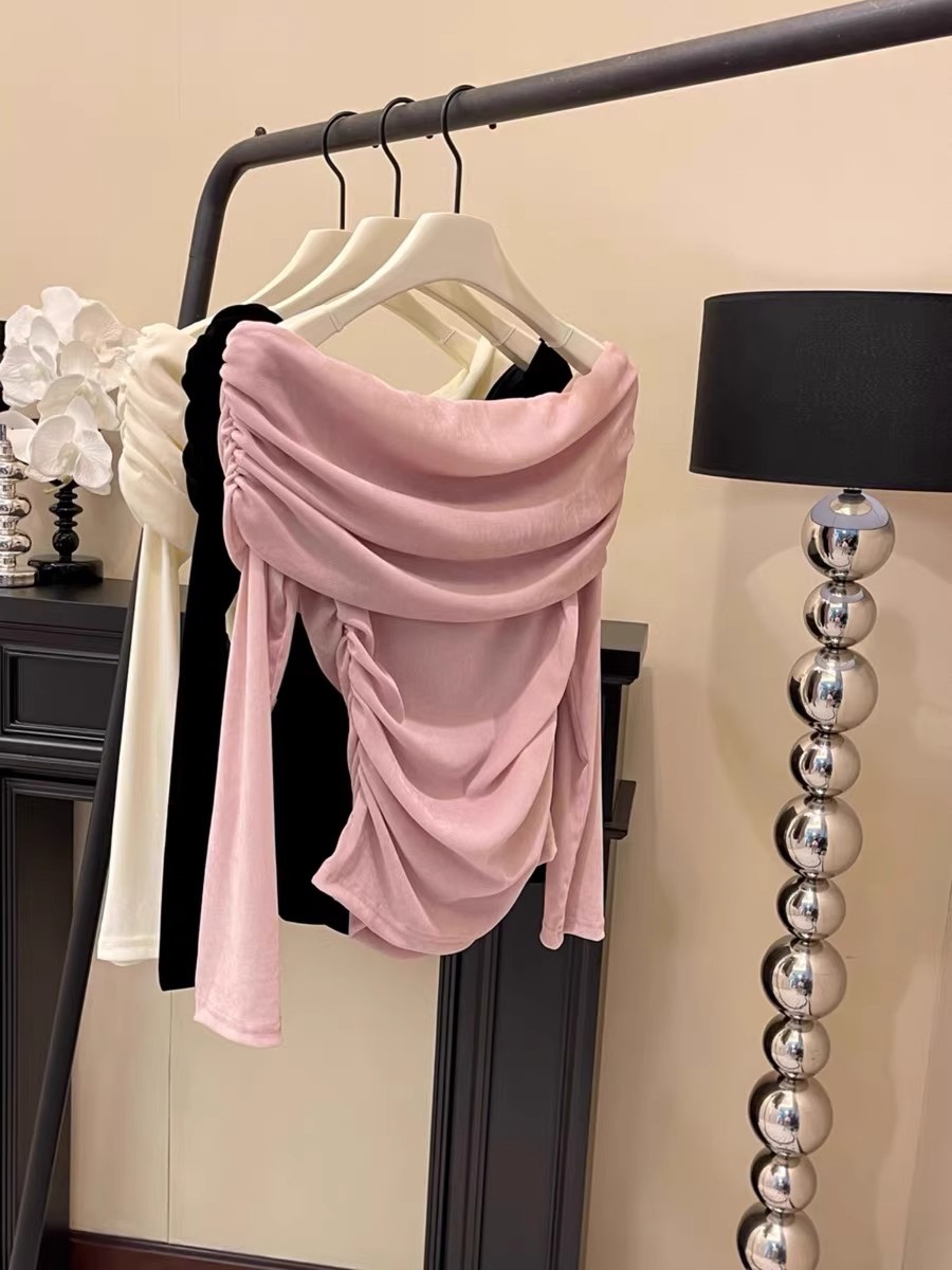 Women's Off-Shoulder Velvet Knit Top Slim Fit Long Sleeve