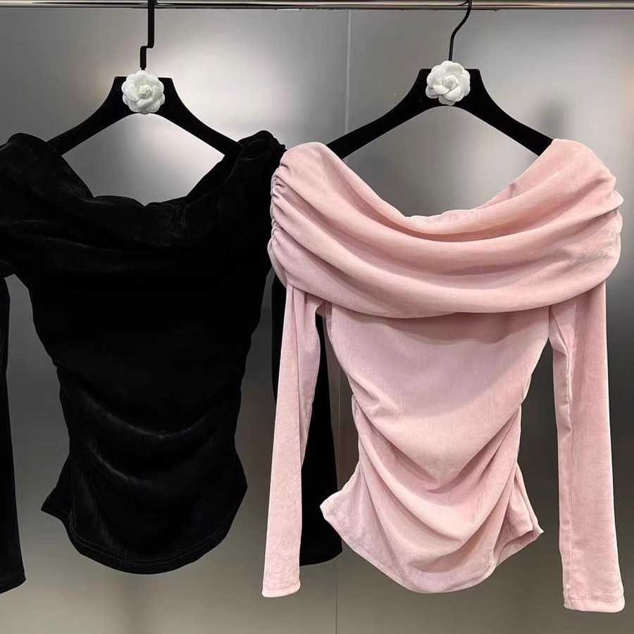 Women's Off-Shoulder Velvet Knit Top Slim Fit Long Sleeve - Image 5