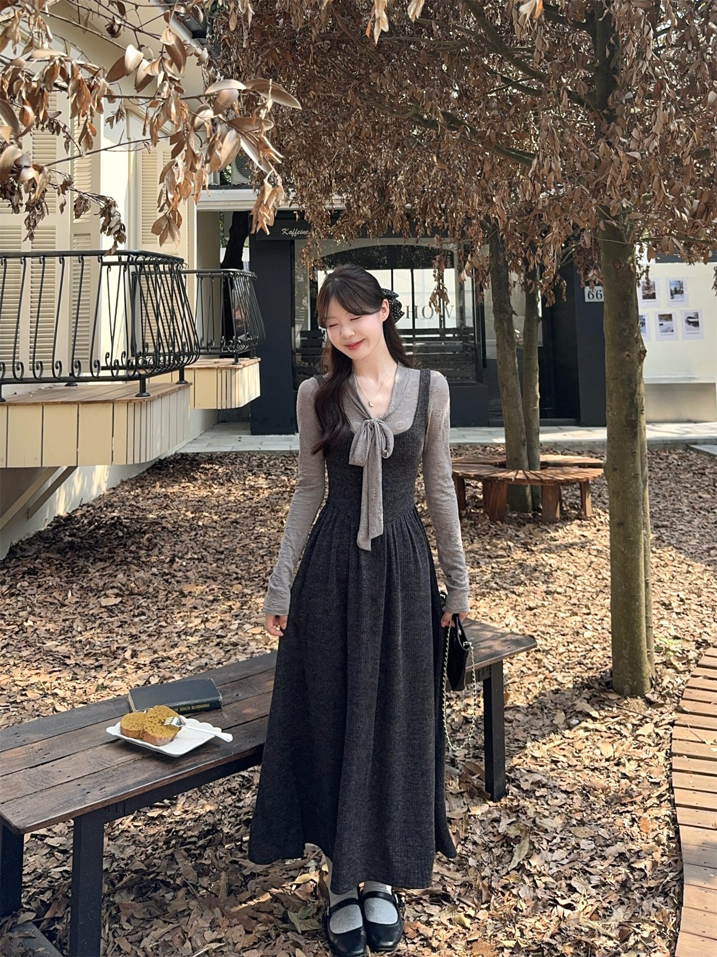 French Style Two-Piece Dress Set with Long Sleeve Top and Sleeveless A-Line Dress