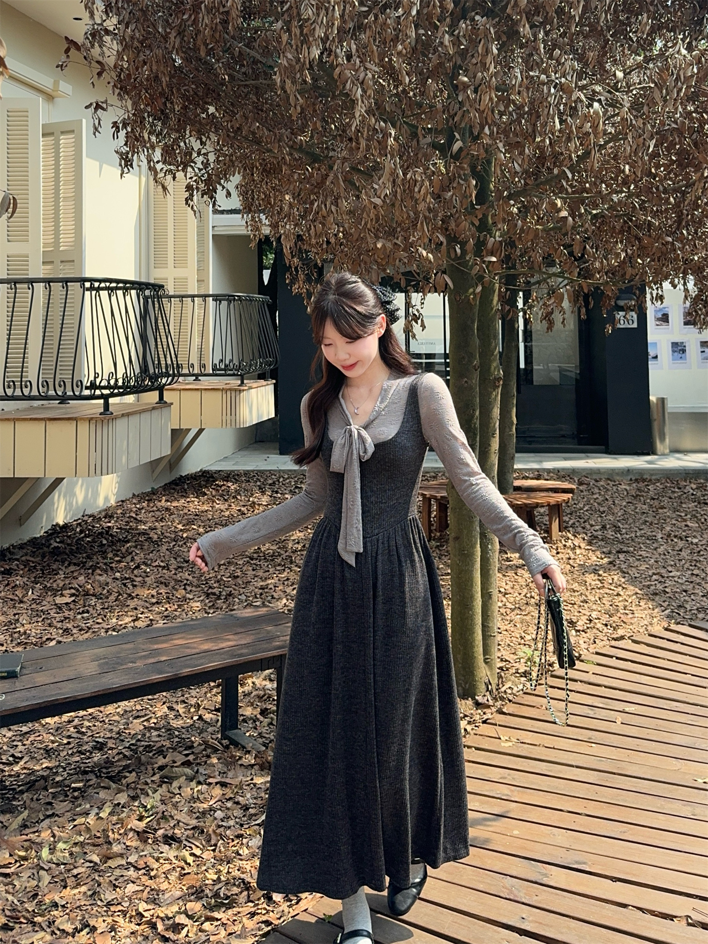 French Style Two-Piece Dress Set with Long Sleeve Top and Sleeveless A-Line Dress - Image 2