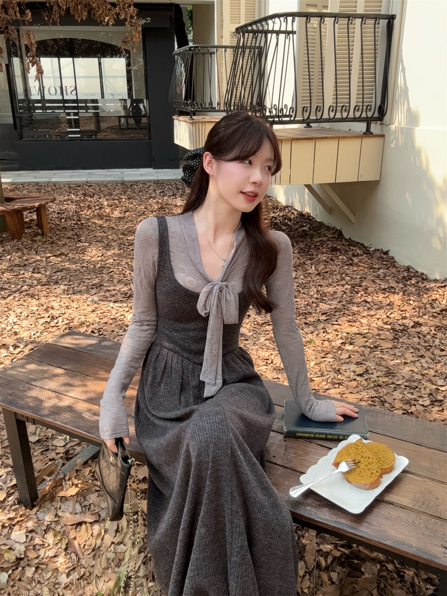 French Style Two-Piece Dress Set with Long Sleeve Top and Sleeveless A-Line Dress - Image 4