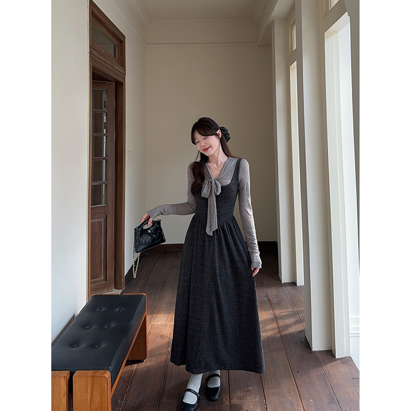 French Style Two-Piece Dress Set with Long Sleeve Top and Sleeveless A-Line Dress - Image 5