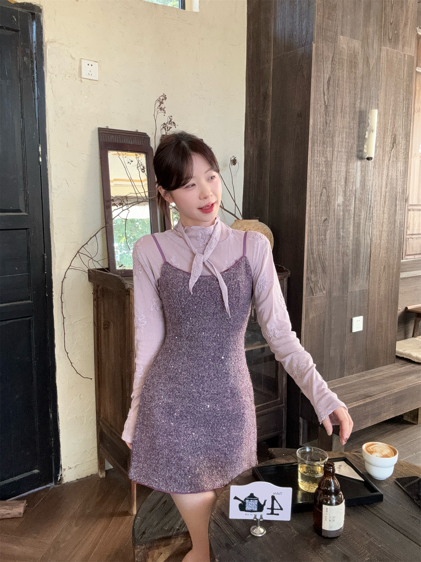 Two-Piece Set with Embroidered Long-Sleeve Top and Sequin Cami Dress - Image 4