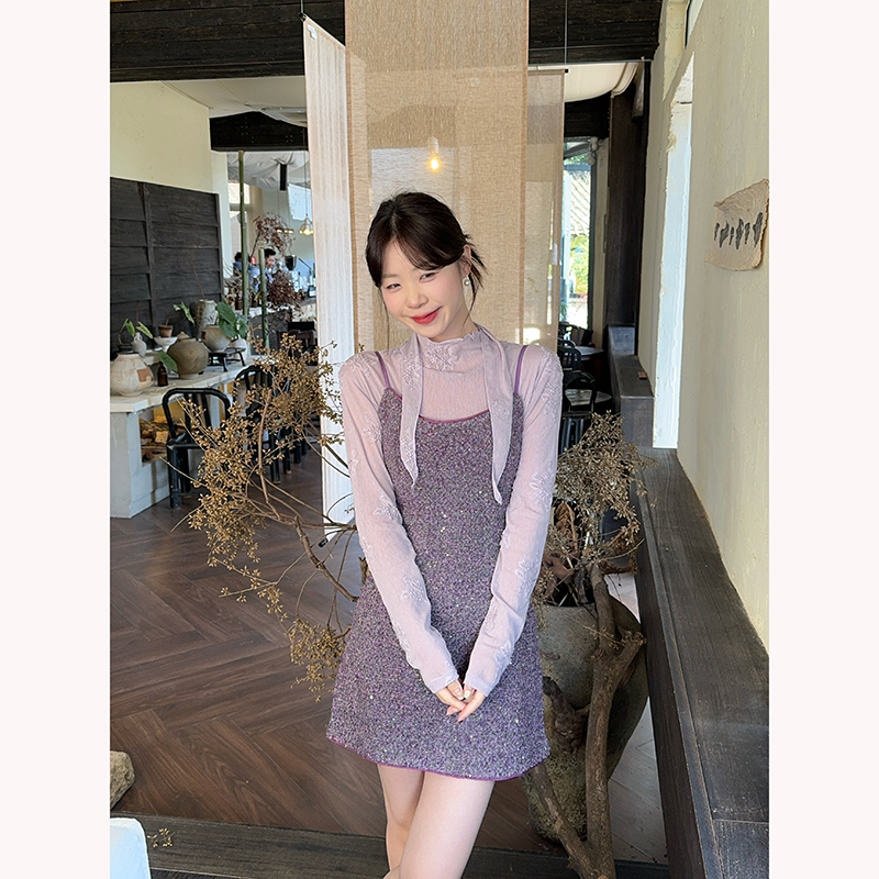 Two-Piece Set with Embroidered Long-Sleeve Top and Sequin Cami Dress - Image 5