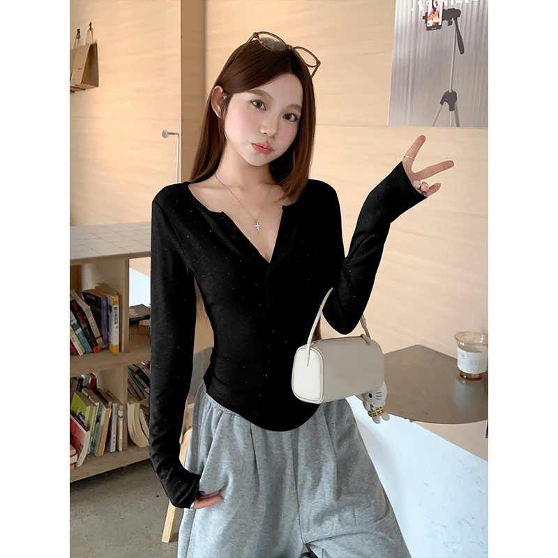 American Retro V-Neck Long Sleeve T-Shirt for Women 2026 Spring Rhinestone Slimming Base Layer Top - Image 5