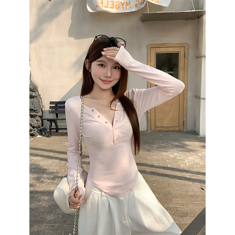 Rhinestone V-Neck Long-Sleeve Slim Fit Cropped T-Shirt for Women 2026 Spring - Image 2