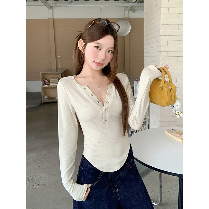 Rhinestone V-Neck Long-Sleeve Slim Fit Cropped T-Shirt for Women 2026 Spring - Image 4