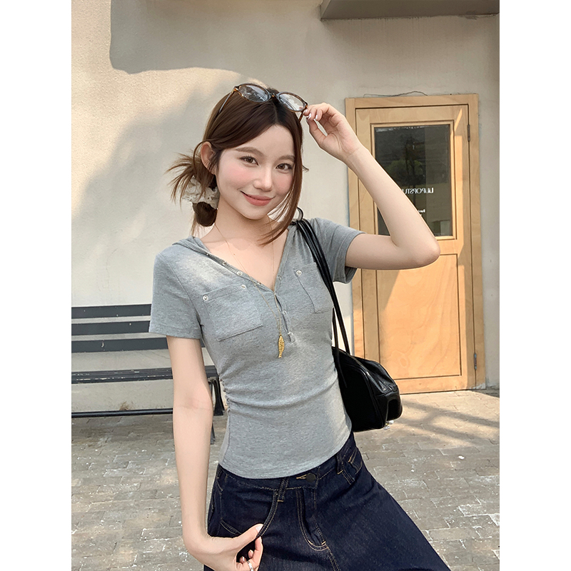 Women's Hooded V-Neck Short Sleeve Ruched Waist Slimming T-Shirt 2026 Summer New - Image 3