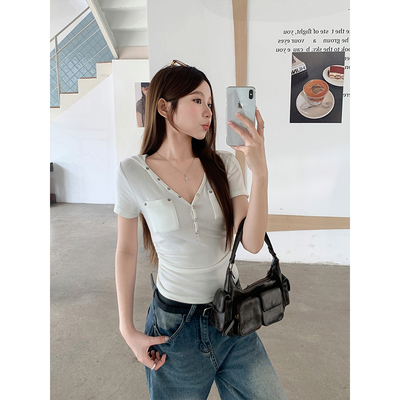 Solid Hooded V-Neck Short Sleeve Women's T-Shirt 2026 Summer Slim Fit Top - Image 5