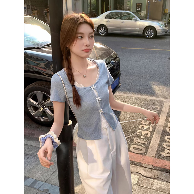 Pure Desire Lace Patchwork Bow Short Sleeve T-Shirt Women 2026 Summer Slimming Versatile Top - Image 2