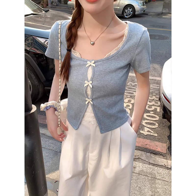 Pure Desire Lace Patchwork Bow Short Sleeve T-Shirt Women 2026 Summer Slimming Versatile Top - Image 3