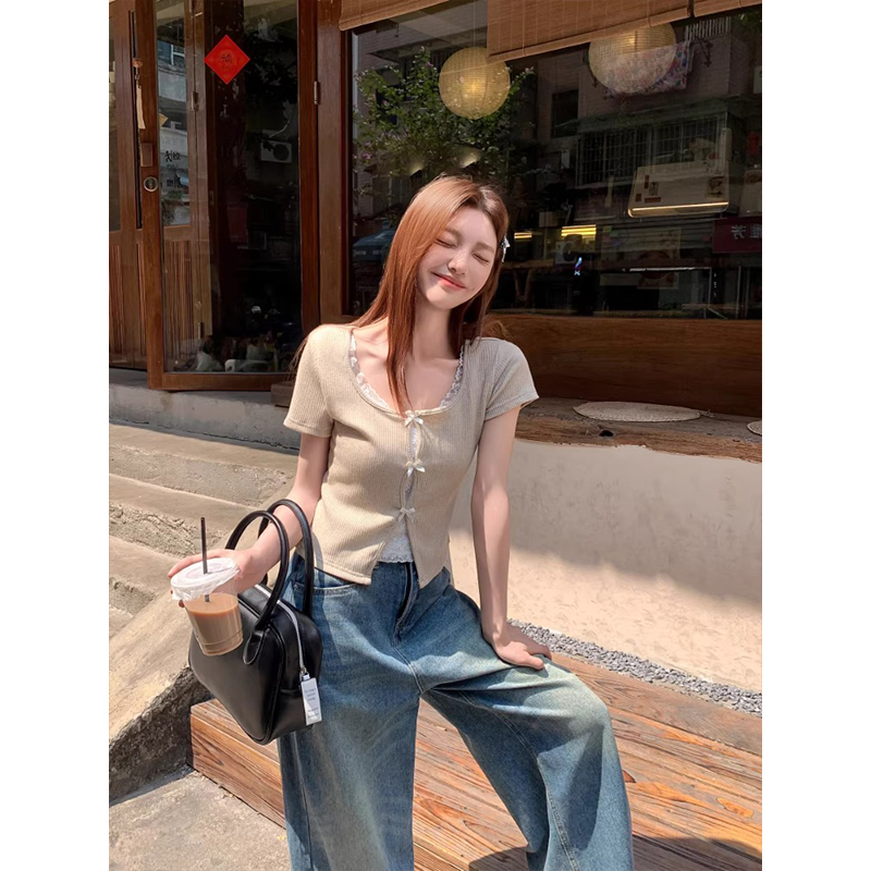 Pure Desire Lace Patchwork Bow Short Sleeve T-Shirt Women 2026 Summer Slimming Versatile Top