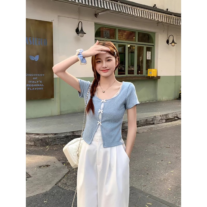 Pure Desire Lace Patchwork Bow Short Sleeve T-Shirt Women 2026 Summer Slimming Versatile Top - Image 5