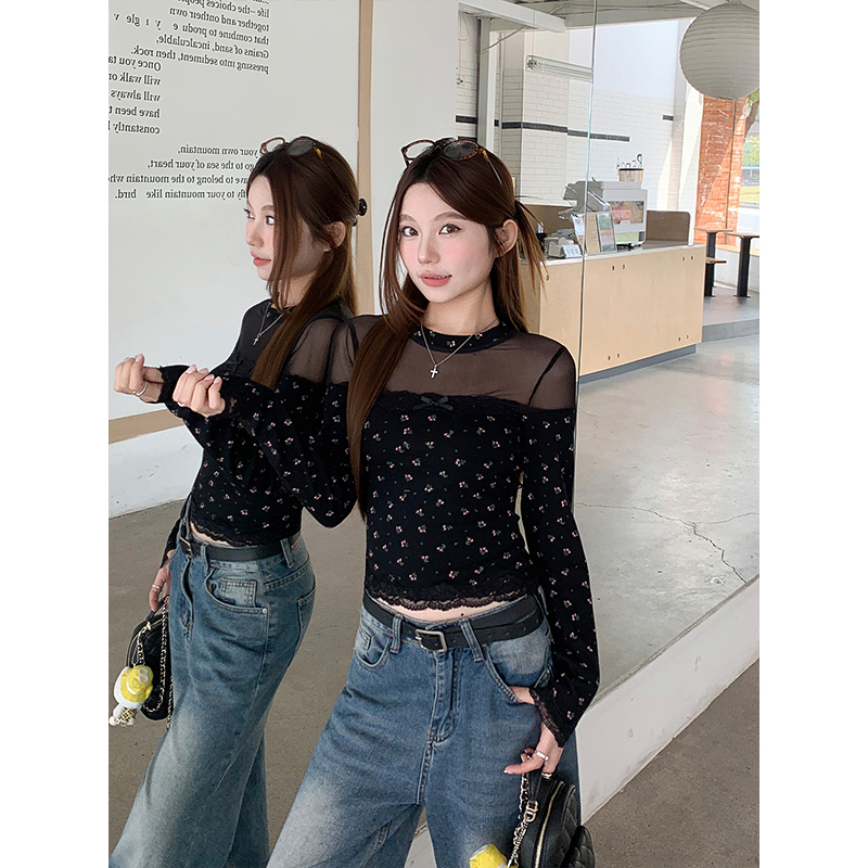 Floral Mesh Panel Long Sleeve T-Shirt for Women 2026 Spring Slim Fit Short Top - Image 2
