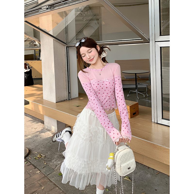 Floral Mesh Panel Long Sleeve T-Shirt for Women 2026 Spring Slim Fit Short Top - Image 3