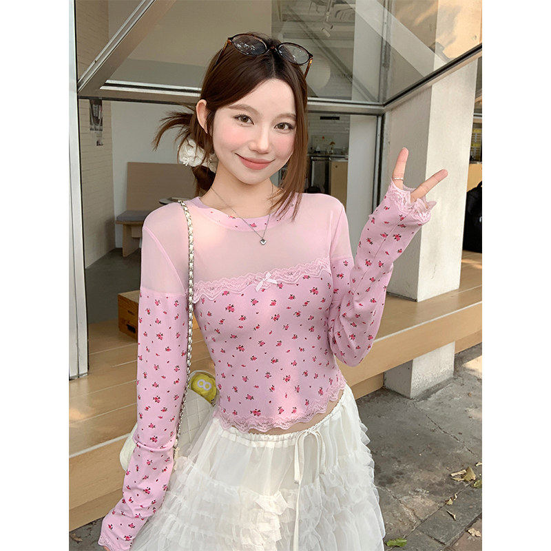 Floral Mesh Panel Long Sleeve T-Shirt for Women 2026 Spring Slim Fit Short Top - Image 4