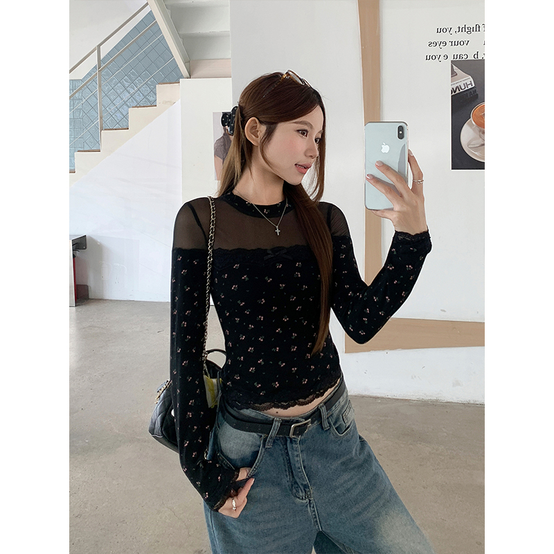 Floral Mesh Panel Long Sleeve T-Shirt for Women 2026 Spring Slim Fit Short Top - Image 5