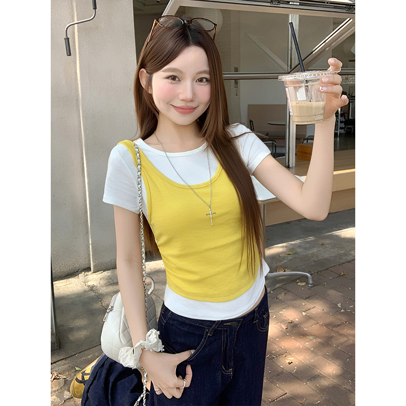 Women's Color Block Faux Two Piece Short Sleeve T-Shirt 2026 Summer Korean Style Slimming Crew Neck Top