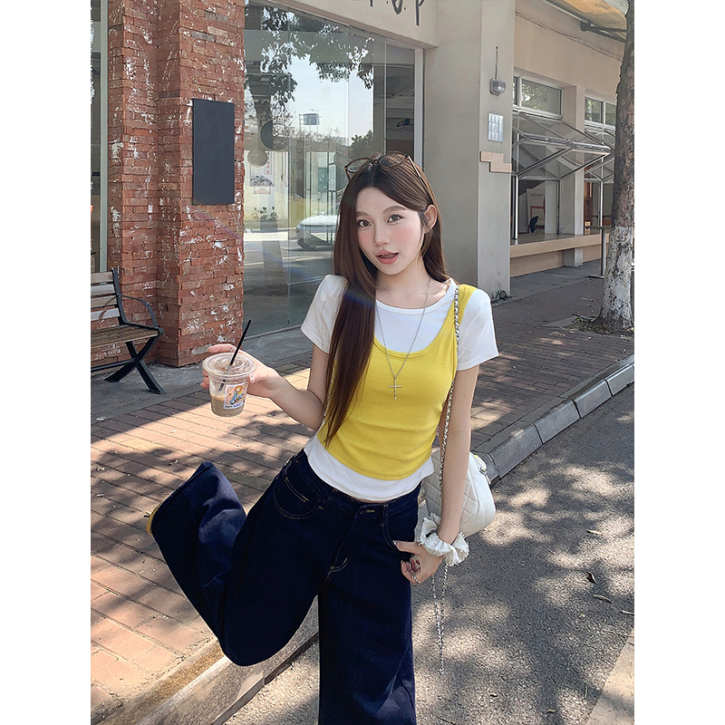 Women's Color Block Faux Two Piece Short Sleeve T-Shirt 2026 Summer Korean Style Slimming Crew Neck Top - Image 2