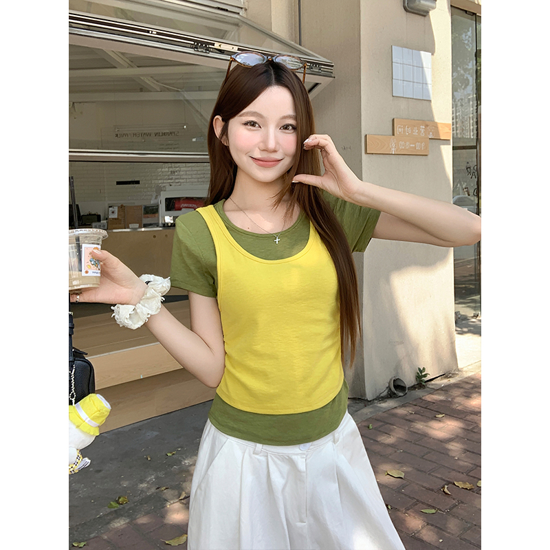 Women's Color Block Faux Two Piece Short Sleeve T-Shirt 2026 Summer Korean Style Slimming Crew Neck Top - Image 3
