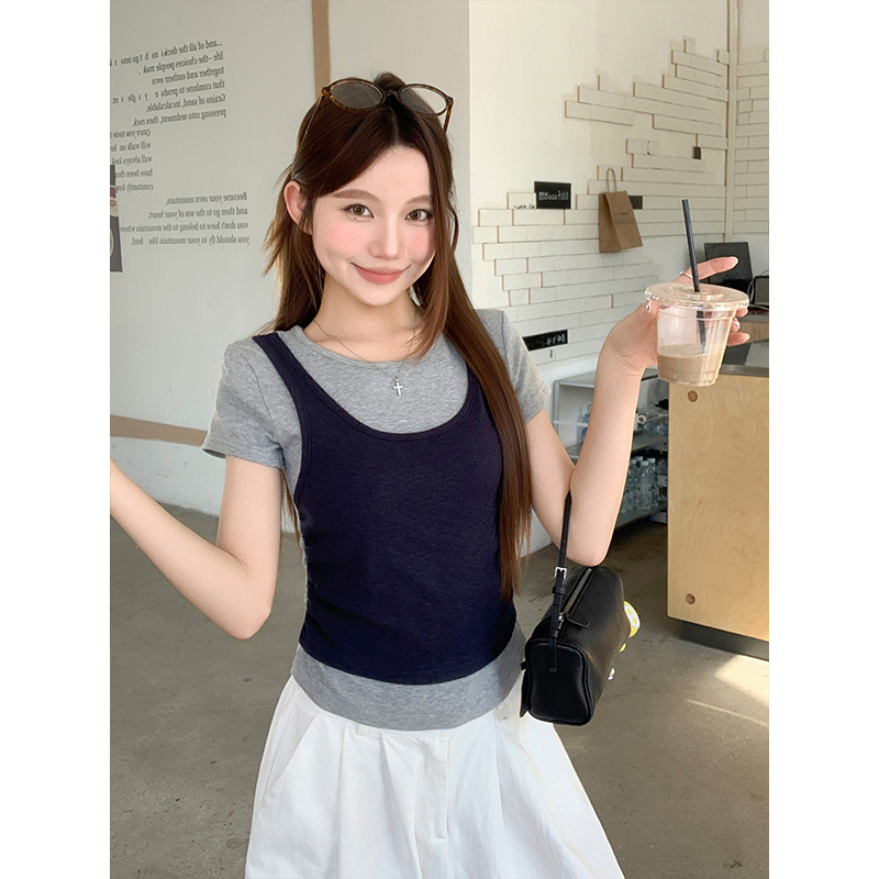 Women's Color Block Faux Two Piece Short Sleeve T-Shirt 2026 Summer Korean Style Slimming Crew Neck Top - Image 4