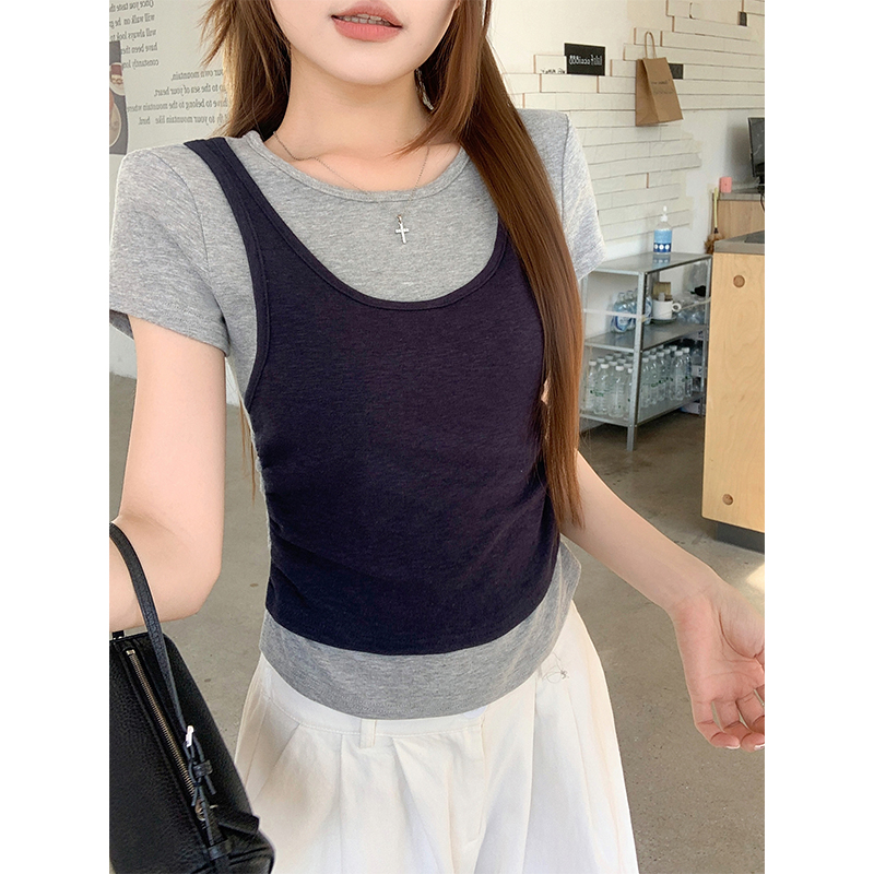 Women's Color Block Faux Two Piece Short Sleeve T-Shirt 2026 Summer Korean Style Slimming Crew Neck Top - Image 5