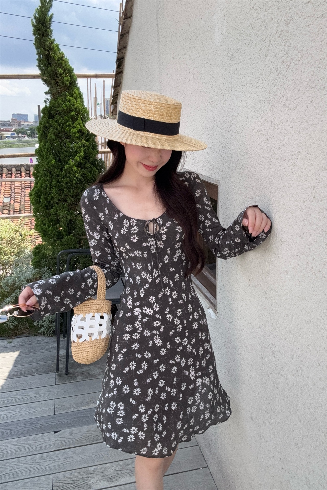 Floral V-Neck Bell Sleeve A-Line Short Dress - Image 5