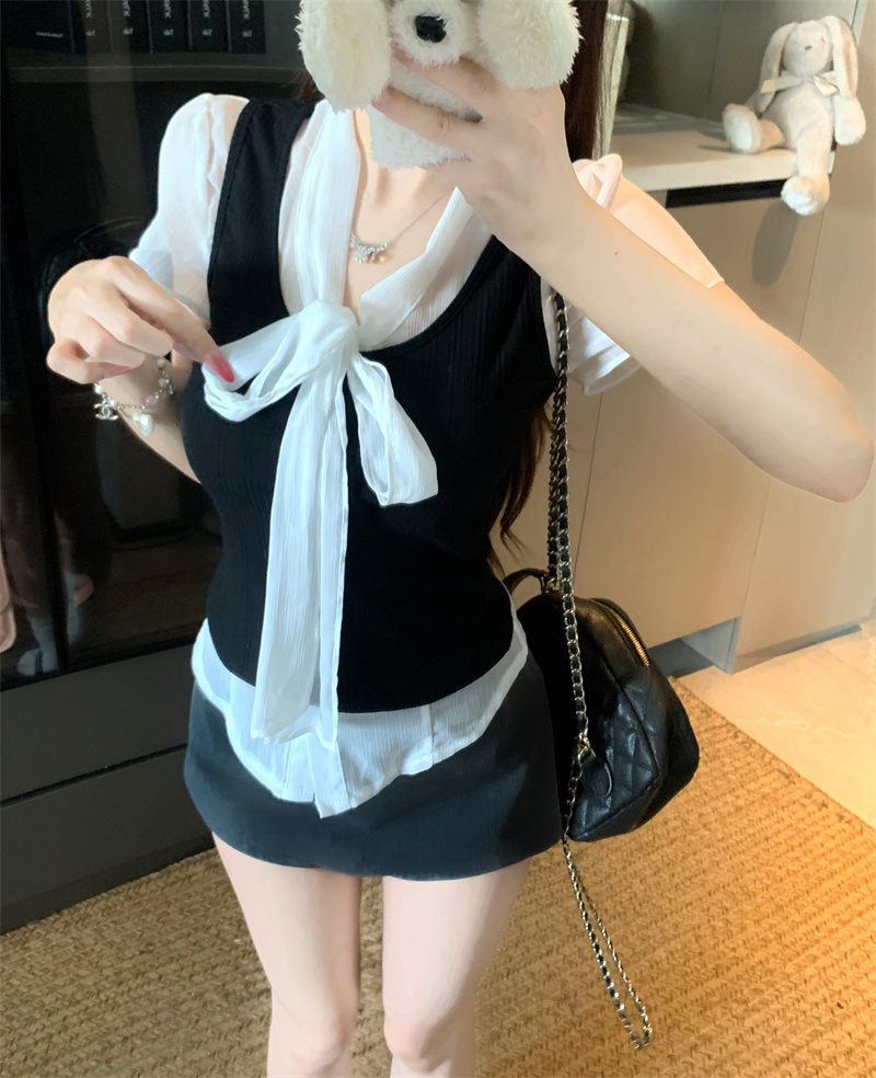 Women's Summer Two-Piece Set with Bow Tie Shirt and Tank Top - Image 4