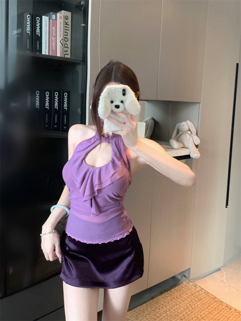 Purple Halter Cami Top and Polka Dot Skirt Two-Piece Set for Women