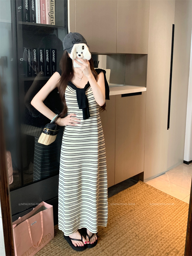 Striped Lazy Dress and Sun Protection Cardigan Two-Piece Set