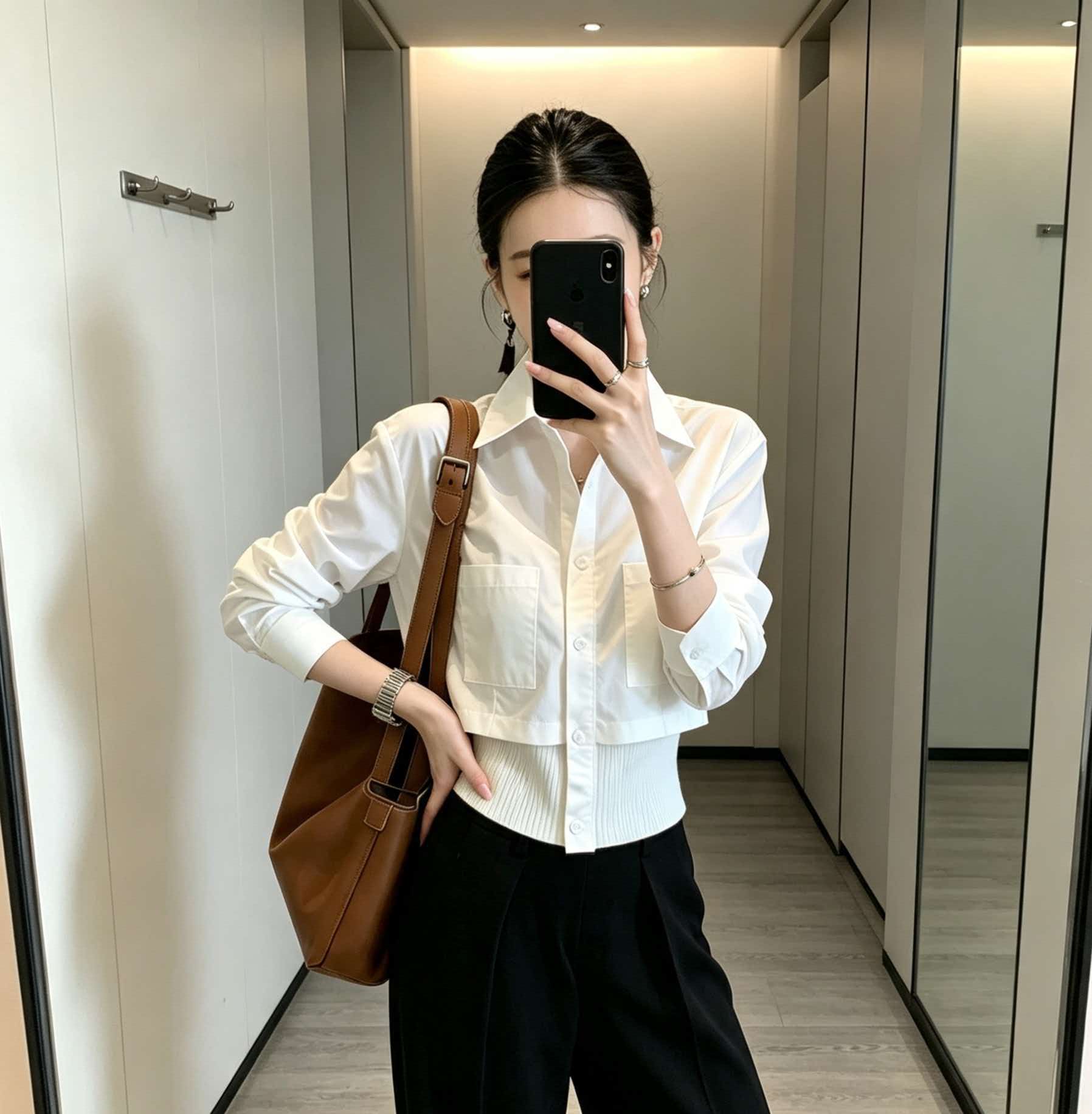 Women's White Collared Spliced Knit Waist Shirt 2026 Fall French Style Top